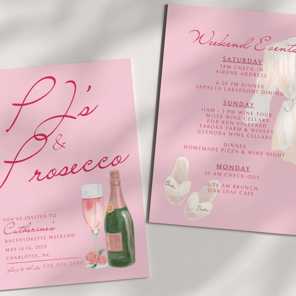PJs and Prosecco Bachelorette Invitation Template | Champagne Wine Girls Night Spa Bachelorette Invite & Weekend Itinerary | Canva Template