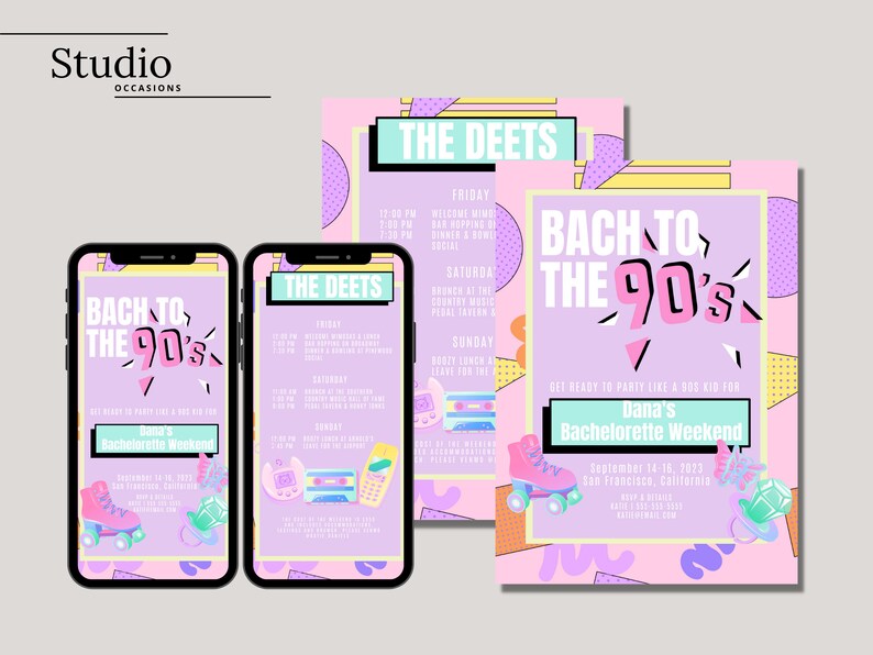 90s Bachelorette Party Bundle: Invitation, Itinerary & Games (Canva Template) image 6