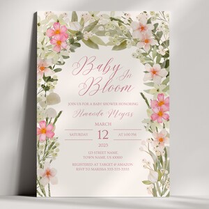 Pink Baby in Bloom Baby Shower Invitation | Pink Floral Baby Shower Invite | Spring Flower Baby Girl Shower Theme | Digital Canva Template