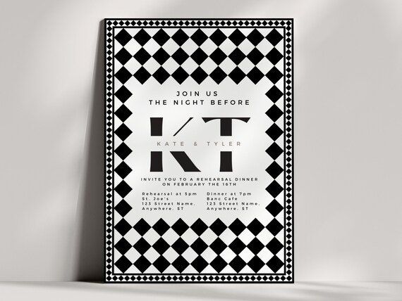 Checkerboard Rehearsal Dinner Invitation: Black and White Template (Digital)