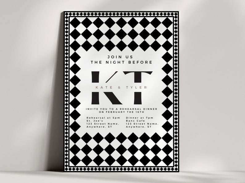 Classic Checker Print Rehearsal Dinner Invitation Black and White Rehearsal Invite The Night Before Wedding Invite Digital Template image 1