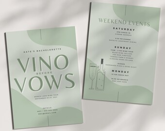 Sage Green Bachelorette Invitation Template: Vino Before Vows, Wine Tour (Canva Template)