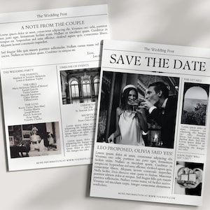 May include: Black and white wedding announcement with a newspaper-style design. The headline reads "Save the Date". A photo of a couple toasting with champagne glasses is featured. The text "Leo proposed, Olivia said yes!" is included.