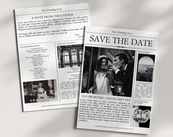 Wedding Newspaper Save the Date Template: Custom Engagement Announcement (5x7" Printable)