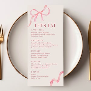 She's Tying the Knot Bridal Shower Menu Template | Coquette Ribbon Wedding Shower Lets Eat Menu | Pink Bow Bridal Shower Party Theme
