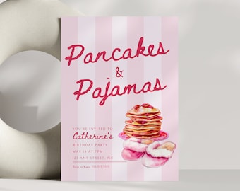 Pancakes and Pajamas Birthday Invitation: Pink Slumber Party (Canva Template)