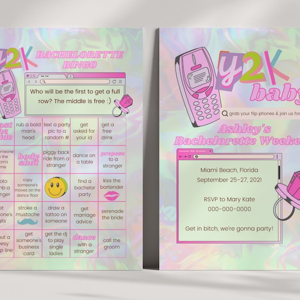 Y2K Bachelorette Party Pack | Retro 2000s Throwback Bachelorette Bundle | 00s & 90s Bachelorette Canva Template Customizable and Printable