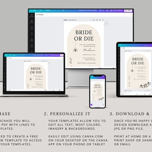Op de afbeelding: Een digitale mockup van een printbare uitnodiging voor een vrijgezellenfeest. De uitnodiging is beige met zwarte tekst en afbeeldingen. De tekst luidt "Bride or Die" en bevat een spinnenweb en vleermuizen. De uitnodiging wordt weergegeven op een computerscherm, tablet en telefoon.