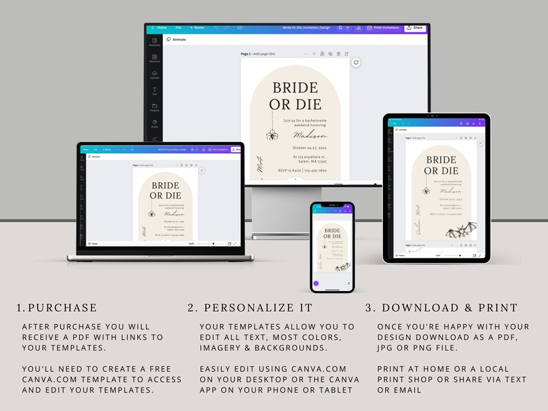 Op de afbeelding: Een digitale mockup van een printbare uitnodiging voor een vrijgezellenfeest. De uitnodiging is beige met zwarte tekst en afbeeldingen. De tekst luidt "Bride or Die" en bevat een spinnenweb en vleermuizen. De uitnodiging wordt weergegeven op een computerscherm, tablet en telefoon.