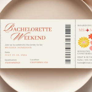 Plantilla de tarjeta de embarque para despedida de soltera / Invitación colorida de fin de semana de despedida de soltera / Invitación de tarjeta de embarque de fin de semana de Bach / Boleto de embarque