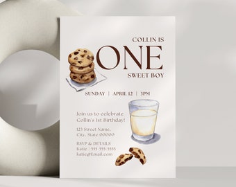One Sweet Boy 1st Birthday Invitation: Milk & Cookies (Digital Canva Template)
