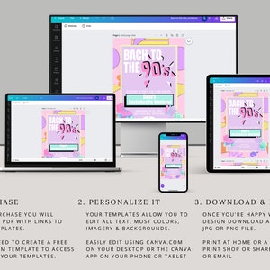 May include: A digital mockup showing how to personalize and download a printable party invitation template. The template features a pink and purple background with the text "Back to the 90's" in a colorful, retro font. The template is shown on a computer screen, tablet, and smartphone.