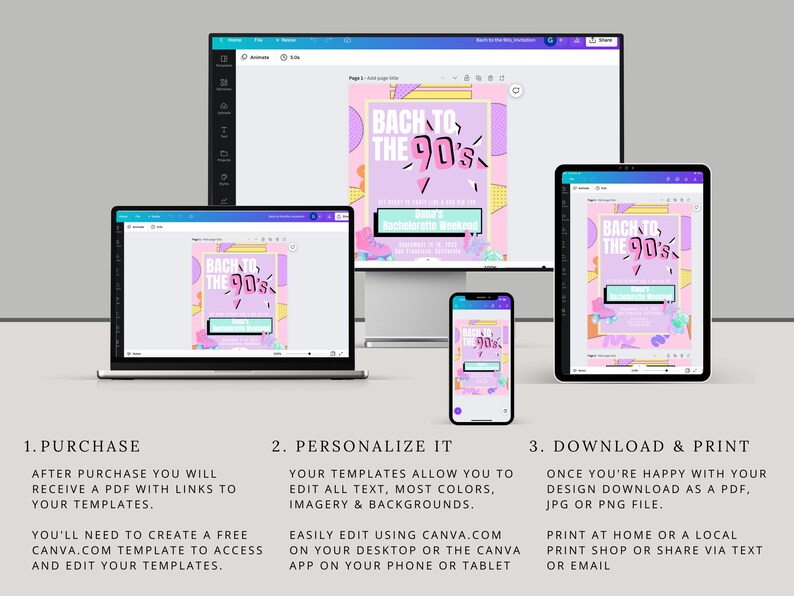 May include: A digital mockup showing how to personalize and download a printable party invitation template. The template features a pink and purple background with the text "Back to the 90's" in a colorful, retro font. The template is shown on a computer screen, tablet, and smartphone.
