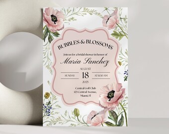 Bubbles and Blossoms Bridal Shower Invitation Template | Flower Market Bridal Shower Invite | Pink Floral Editable Print and Mobile Download