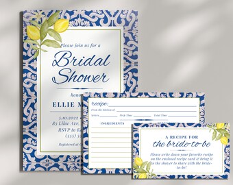 Summer Citrus Bridal Shower Invitation and Recipe Card Template | Lemon Invite and Recipe Print & Mobile Download
