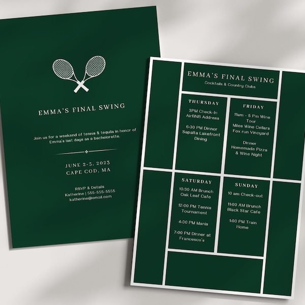 Last Swing Bachelorette Invitation Template | Cocktails and Country Clubs Bachelorette Invite & Weekend Itinerary | Preppy Tennis Club Party