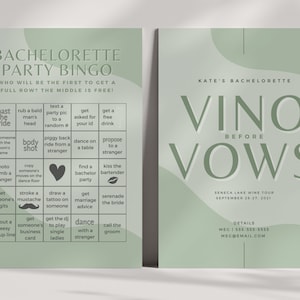 Salbeigrün Vino vor Gelübde Bachelorette Bundle | Wine Tour Bachelorette Invite, Wochenendreiseplan, Venmo Card & Set von 8 Spielen | Leinwand