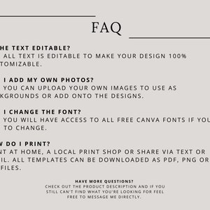 May include: A frequently asked questions (FAQ) section with answers about text editing, adding photos, changing fonts, and printing. The text includes the phrase "Have more questions?"