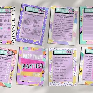 May include: Nine printable game cards with a 90s theme. The cards are pink, purple, green, and blue with geometric shapes and patterns. The cards have titles like "Bach to the 90s Bachelorette Bingo", "Bach to the 90s Drink if", "Bach to the 90s  Guess Which 90s Movies", "Bach to the 90s  Don't Forget to Snap Pics", "Bach to the 90s  Finish the Sentences", "Bach to the 90s  My 90s Memories", "Bach to the 90s  Would You Rather", "Drop Your Panties Here".