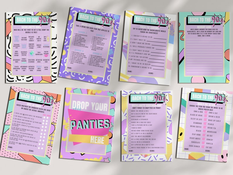 May include: Nine printable game cards with a 90s theme. The cards are pink, purple, green, and blue with geometric shapes and patterns. The cards have titles like "Bach to the 90s Bachelorette Bingo", "Bach to the 90s Drink if", "Bach to the 90s  Guess Which 90s Movies", "Bach to the 90s  Don't Forget to Snap Pics", "Bach to the 90s  Finish the Sentences", "Bach to the 90s  My 90s Memories", "Bach to the 90s  Would You Rather", "Drop Your Panties Here".