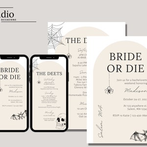Op de afbeelding: Twee printbare uitnodigingen voor een vrijgezellenfeest met een Halloween-thema. De uitnodigingen bevatten een zwart-witte illustratie van een spinnenweb, een spin en een vleermuis. De tekst op de uitnodigingen luidt "Bride or Die" en bevat de datum, locatie en RSVP-informatie.