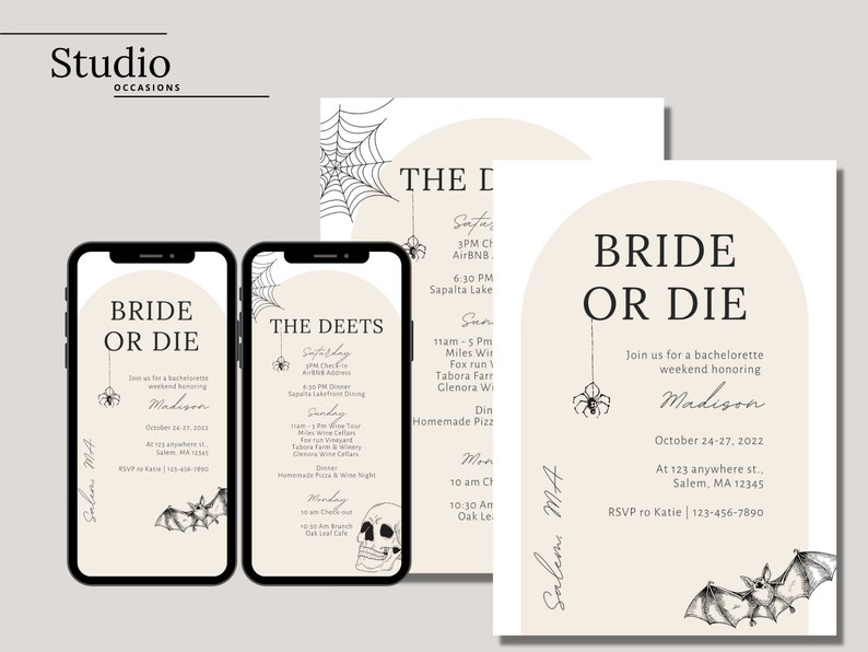Op de afbeelding: Twee printbare uitnodigingen voor een vrijgezellenfeest met een Halloween-thema. De uitnodigingen bevatten een zwart-witte illustratie van een spinnenweb, een spin en een vleermuis. De tekst op de uitnodigingen luidt "Bride or Die" en bevat de datum, locatie en RSVP-informatie.