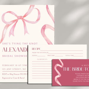 Ella está atando el nudo invitación de despedida de soltera y plantilla de tarjeta de receta / invitación de despedida de soltera coqueta / impresión de cinta rosa y descarga móvil