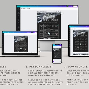 May include: A digital mockup showing how to personalize and print a printable "Dirty Party Bingo" game. The game features a black background with white text and a marble-like design. The text on the game card says "Bachelor/Bachelorette Party Bingo".