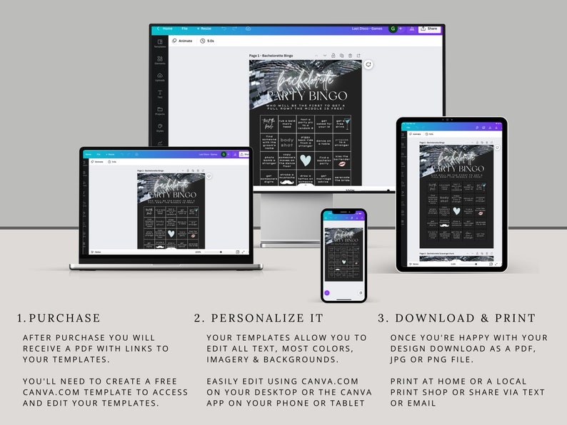 May include: A digital mockup showing how to personalize and print a printable "Dirty Party Bingo" game. The game features a black background with white text and a marble-like design. The text on the game card says "Bachelor/Bachelorette Party Bingo".