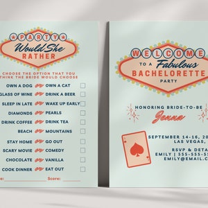 Forfait Bachelorette Vegas | Las Vegas Bachelorette Invitation, itinéraire du week-end, carte Venmo et ensemble de 8 jeux | Pack thématique Hen Party Casino