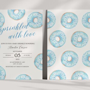 bebê polvilha o azul do convite do chá de fraldas da filhós | polvilha o chá de fraldas convida | Tema polvilhar bebê menino | Convite Blue Sprinkles Donut