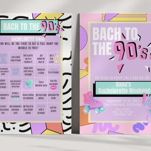 90s Bachelorette Party Bundle: Invitation, Itinerary & Games (Canva Template) image 1