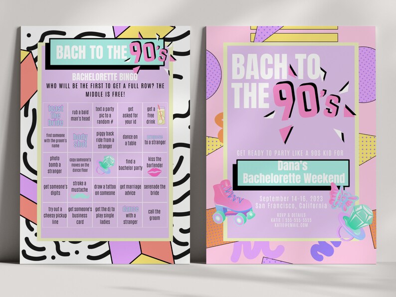 90s Bachelorette Party Bundle: Invitation, Itinerary & Games (Canva Template) image 1