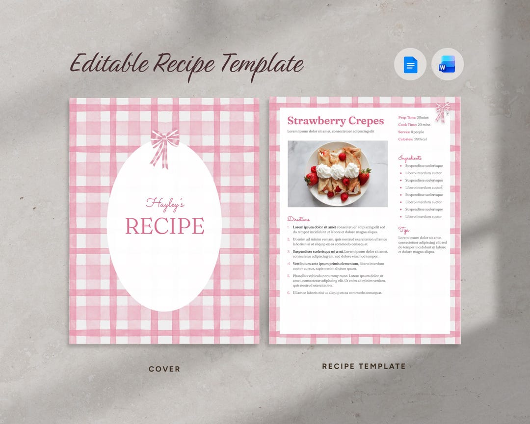 Pink Ribbon Recipe Book Template | Gingham Watercolor Illustration ...