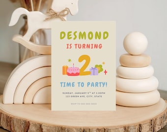 Fun & Colorful 2nd Birthday Invitation | Editable Toddler Party Template | Bright Groovy Vibe Kids Invite