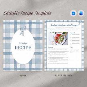 Puede incluir: Una plantilla de receta con un patrón de cuadros azules y blancos. La portada presenta un óvalo con el texto "Hayley's RECIPE" y un lazo. La página de la receta incluye una foto de berenjenas rellenas con yogur.