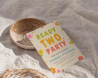 Ready TWO Party Invitation | 2nd Birthday Editable Template | Bright Colorful Groovy Flower Power Girl or Boy Invite