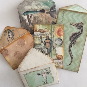 Enveloppes faites à la main sur le thème de la sirène, articles éphémères de journal sous la mer, ensemble de papeterie, ensemble d'enveloppes, pochettes pour journaux indésirables, coins repliés
