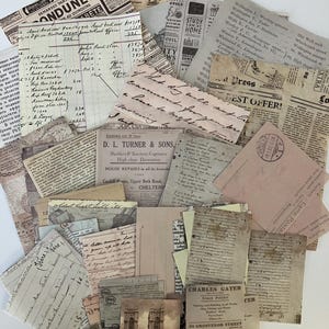 May include: A collection of vintage paper ephemera, including newspaper clippings, handwritten letters, and postcards. The papers are in various shades of brown, beige, and cream, and some have faded ink. The papers are arranged in a random pattern, and some are overlapping. The papers are all different sizes and shapes.