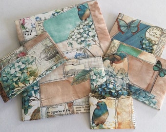 Handmade Blue Hydrangea Envelopes: Junk Journal Ephemera Set with sari silk ribbon