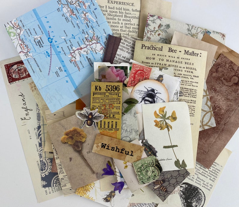 Mixed pack of approx 60 pieces of journal ephemera, scrappy snippet paper packs, junk journal paper pieces and scrap pack, craft supplies image 2