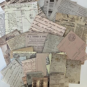 May include: A collection of vintage paper ephemera, including old newspaper clippings, handwritten letters, and a postcard featuring a church. The papers are in various shades of brown, cream, and white, with some showing signs of age and wear.
