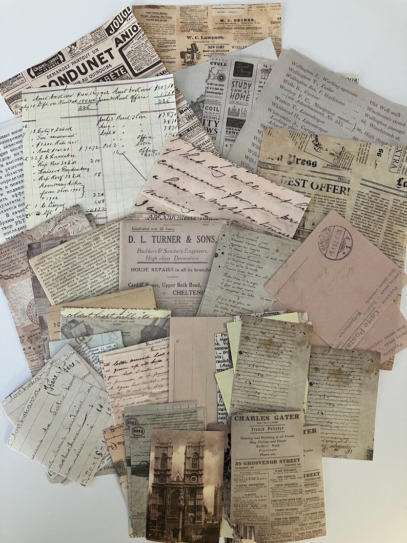 May include: A collection of vintage paper ephemera, including old newspaper clippings, handwritten letters, and a postcard featuring a church. The papers are in various shades of brown, cream, and white, with some showing signs of age and wear.