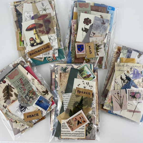 Mixed pack of approx 60 pieces of journal ephemera, scrappy snippet paper packs, junk journal paper pieces and scrap pack,  craft supplies