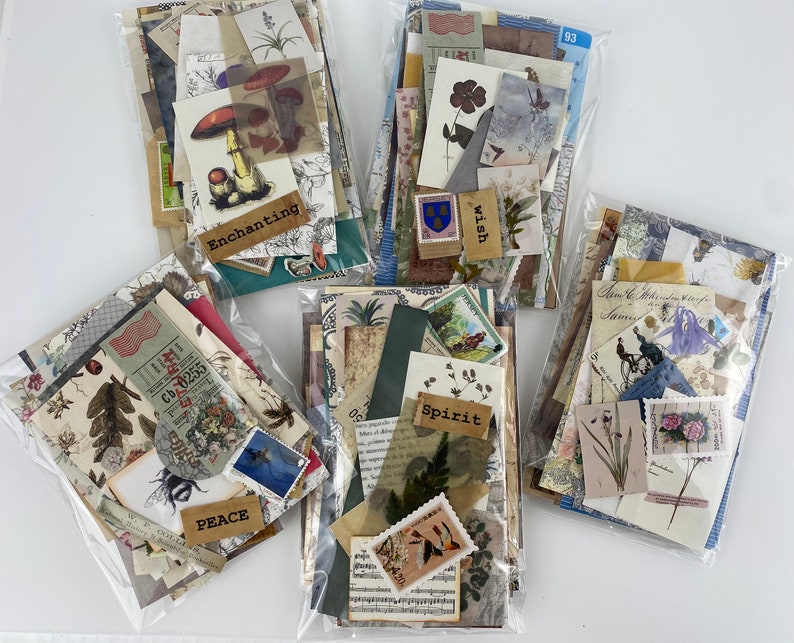 Mixed pack of approx 60 pieces of journal ephemera, scrappy snippet paper packs, junk journal paper pieces and scrap pack, craft supplies image 1