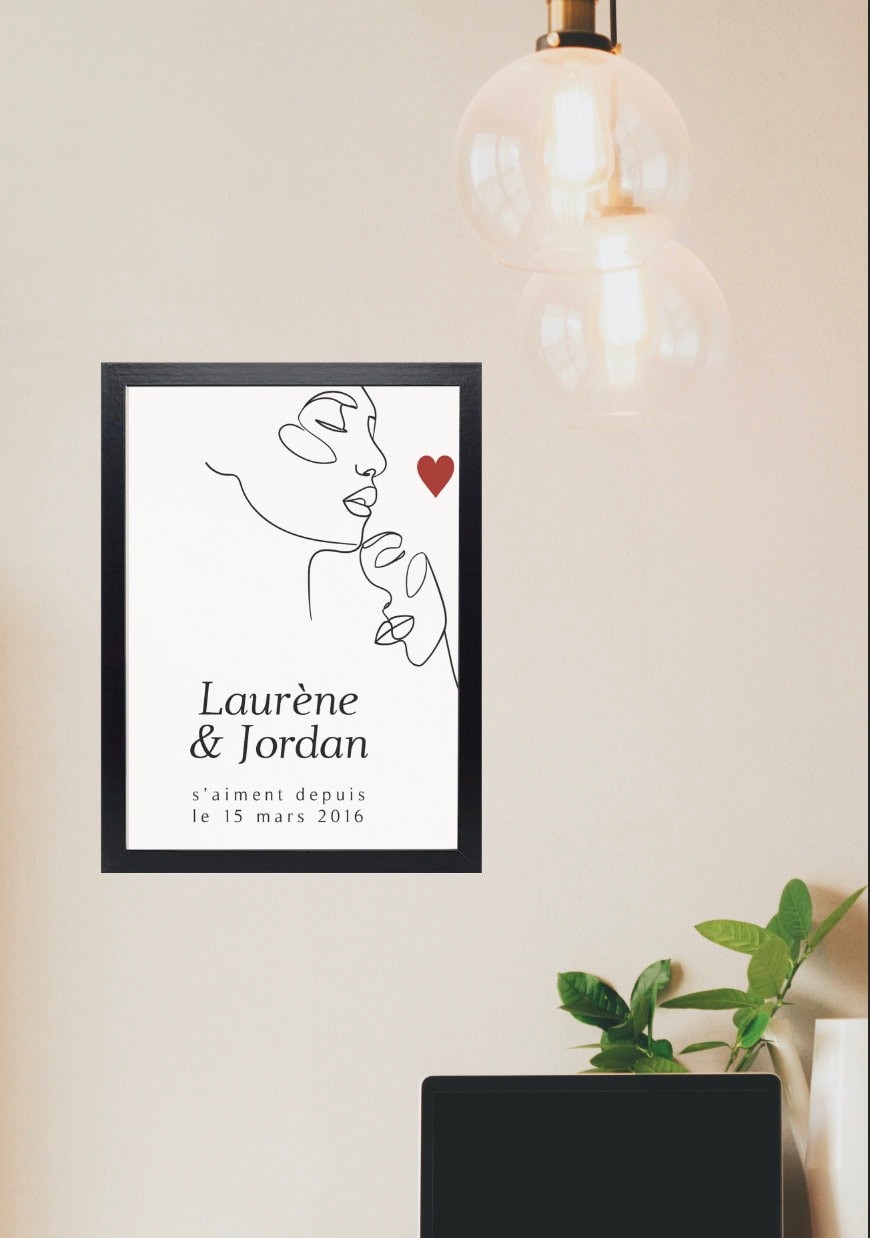 Affiche Personnalisée Couple + Date et Prénom. Cadeau à Offrir, Cadeau Mariage , Saint Valentin, Amo