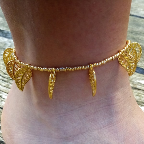 Bracelet de Cheville avec chaînette Feuilles dorées