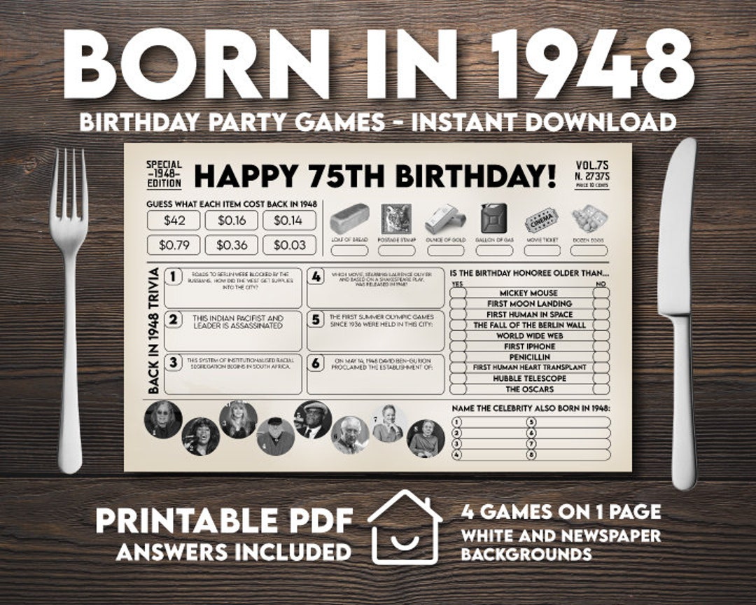 Printable 75th Birthday Games Dinner Tablemat 1948 Birthday Etsy