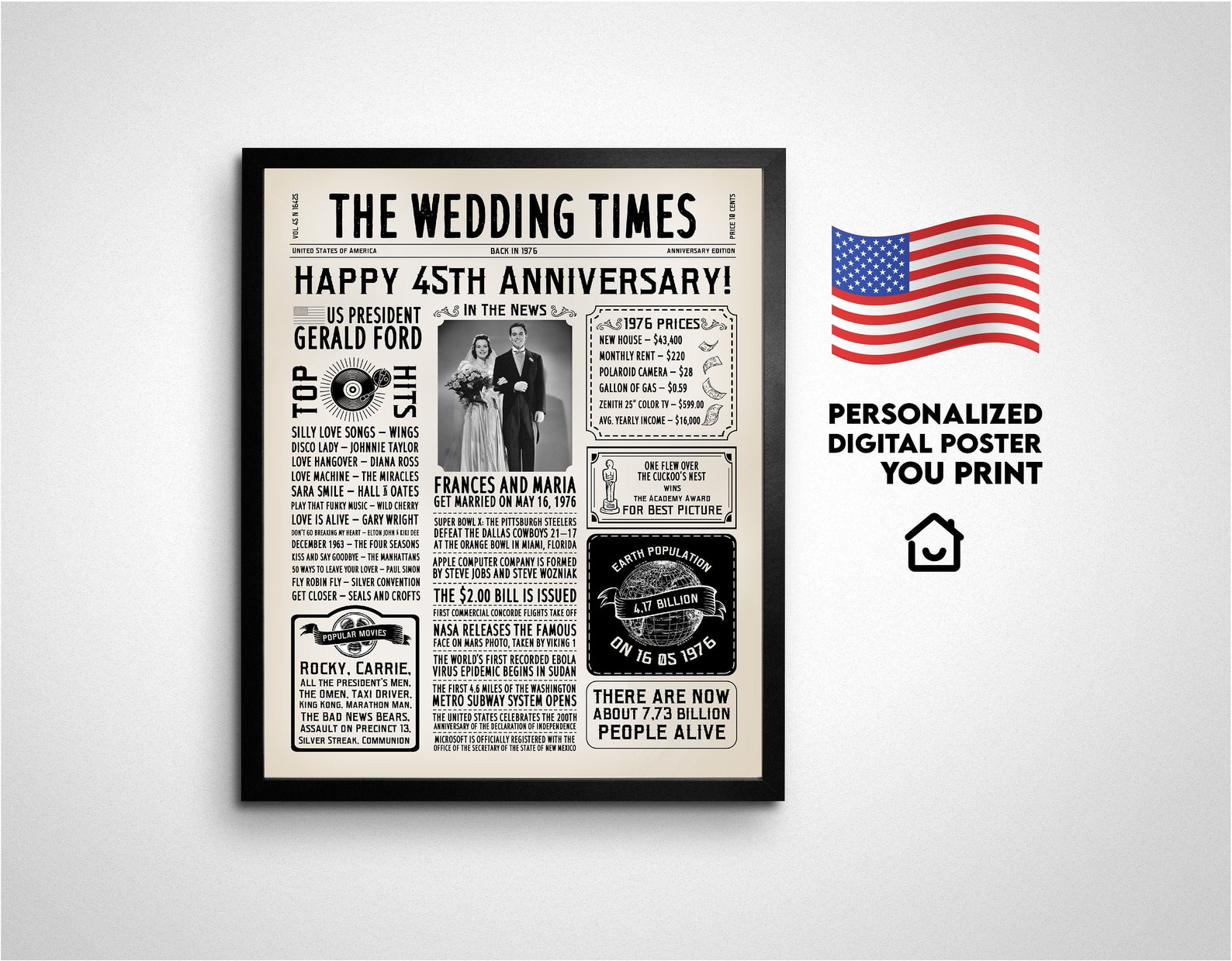 46. Hochzeitstag 1976 Druckbares Zeitungsposter Amerikanische Etsy