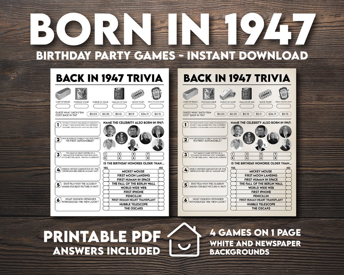 Printable 75th Birthday Games Born in 1947 Games 1947 Etsy